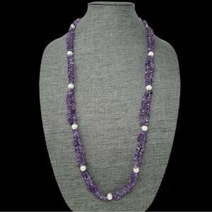 Vintage Amethyst Chip Stone Faux Pearl Long Necklace